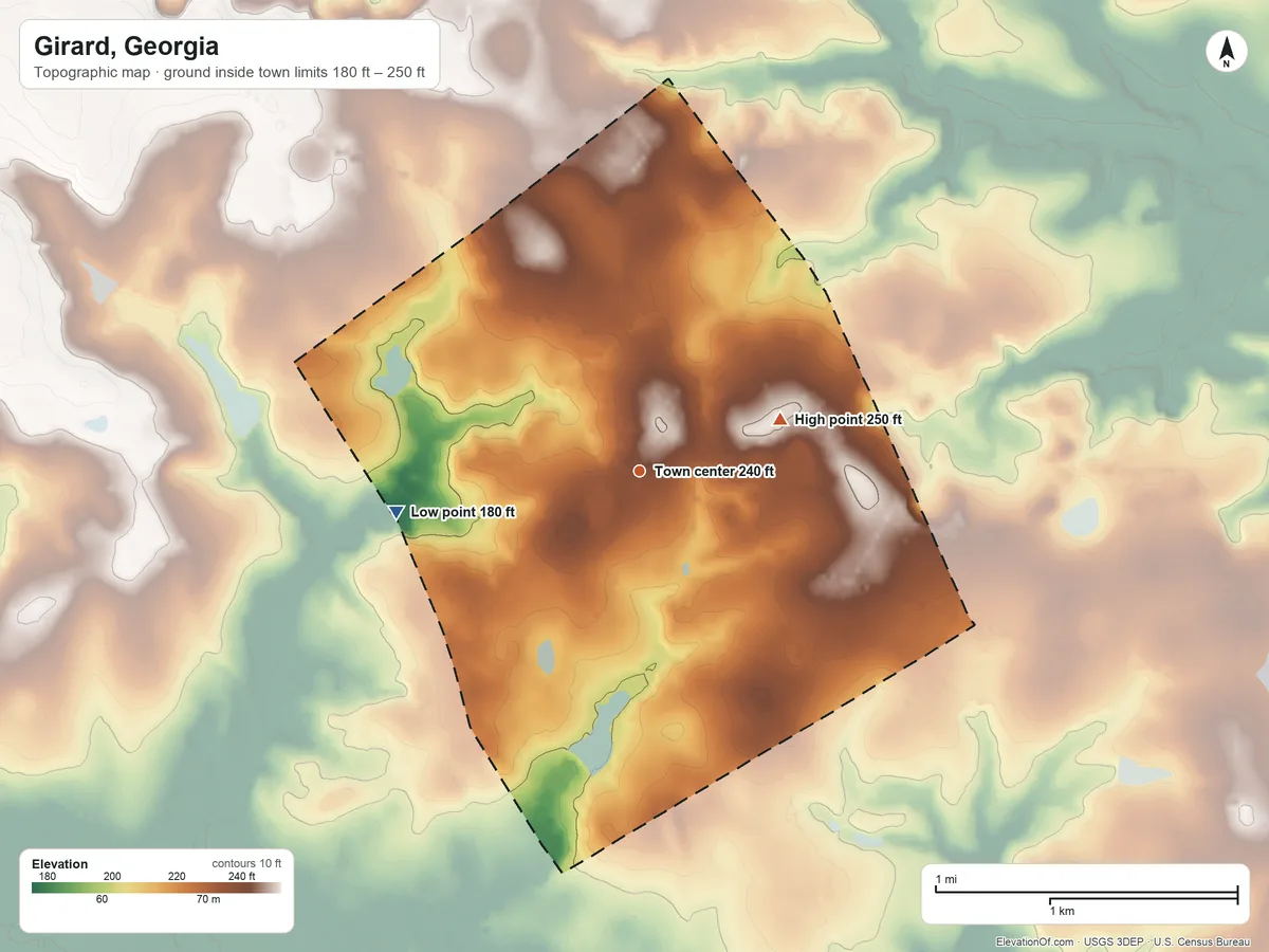 Topographic elevation map of Girard, Georgia, shaded from 180 ft on the west side to 250 ft on the east side