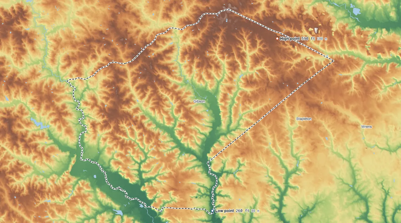 Topographic elevation map of Glascock County, Georgia, shaded from 260 ft on the south side to 590 ft on the northeast side