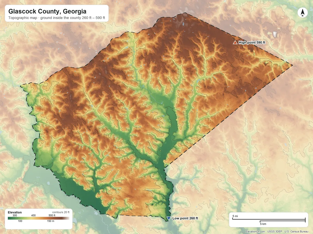 Topographic elevation map of Glascock County, Georgia, shaded from 260 ft on the south side to 590 ft on the northeast side