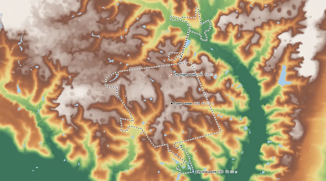 Topographic elevation map of Glennville, Georgia, shaded from 100 ft on the south side to 180 ft on the north side