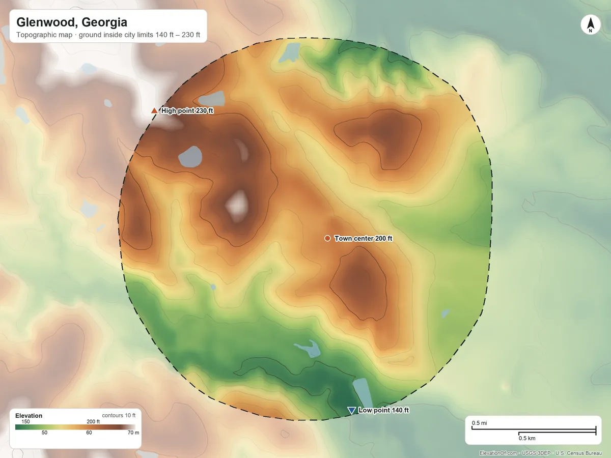 Topographic elevation map of Glenwood, Georgia, shaded from 140 ft on the south side to 230 ft on the northwest side