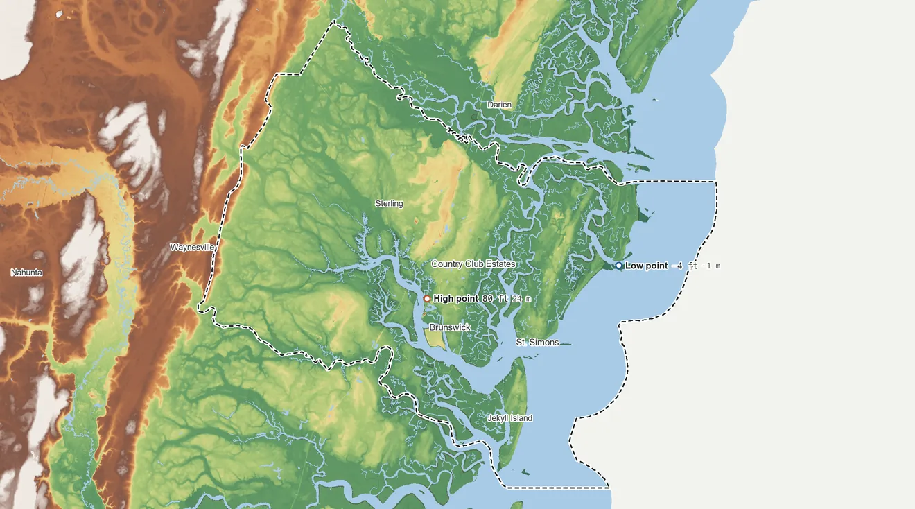 Topographic elevation map of Glynn County, Georgia, shaded from 4 ft below sea level on the east side to 80 ft near the middle