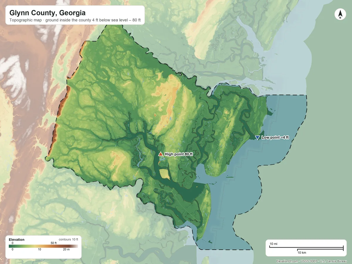 Topographic elevation map of Glynn County, Georgia, shaded from 4 ft below sea level on the east side to 80 ft near the middle