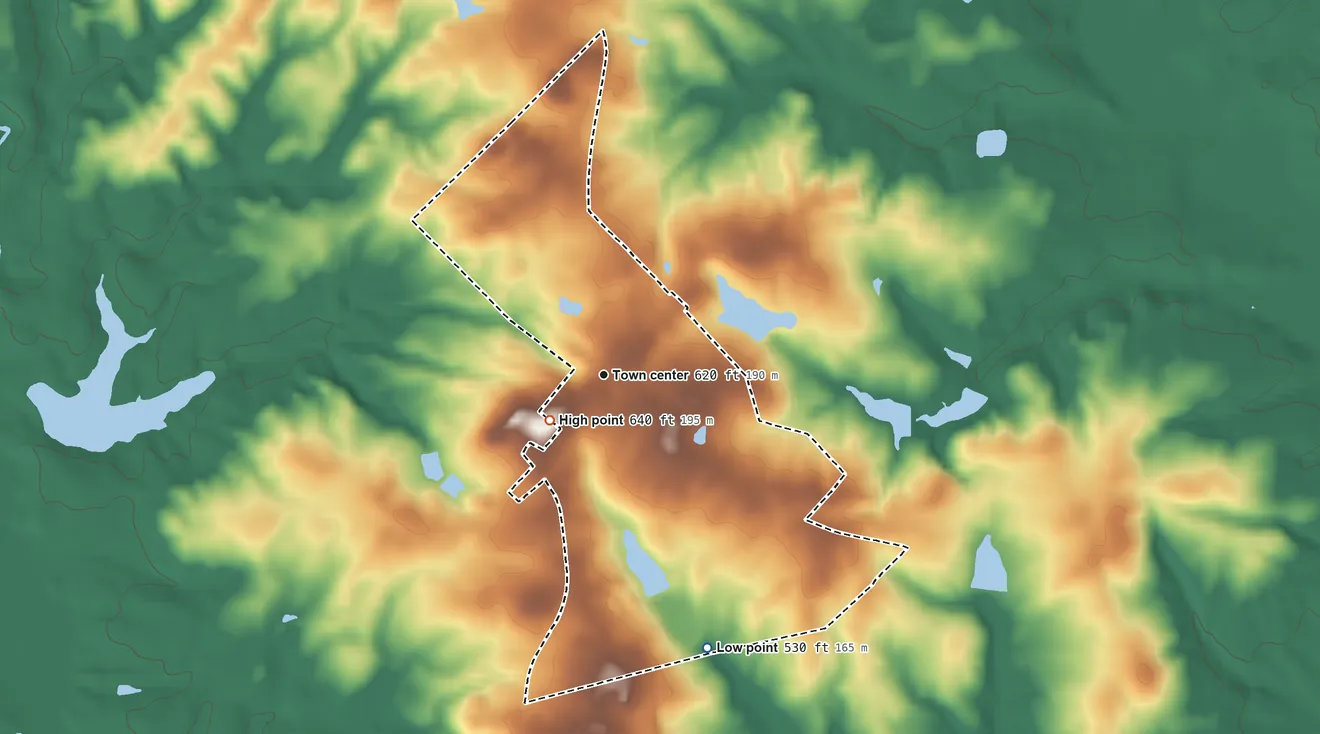 Topographic elevation map of Godfrey, Georgia, shaded from 530 ft on the south side to 640 ft near the middle