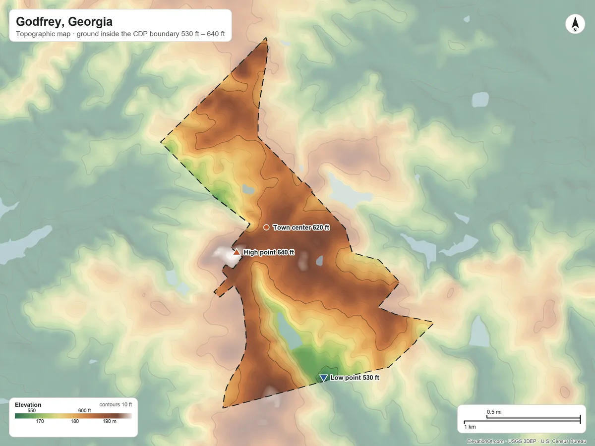 Topographic elevation map of Godfrey, Georgia, shaded from 530 ft on the south side to 640 ft near the middle