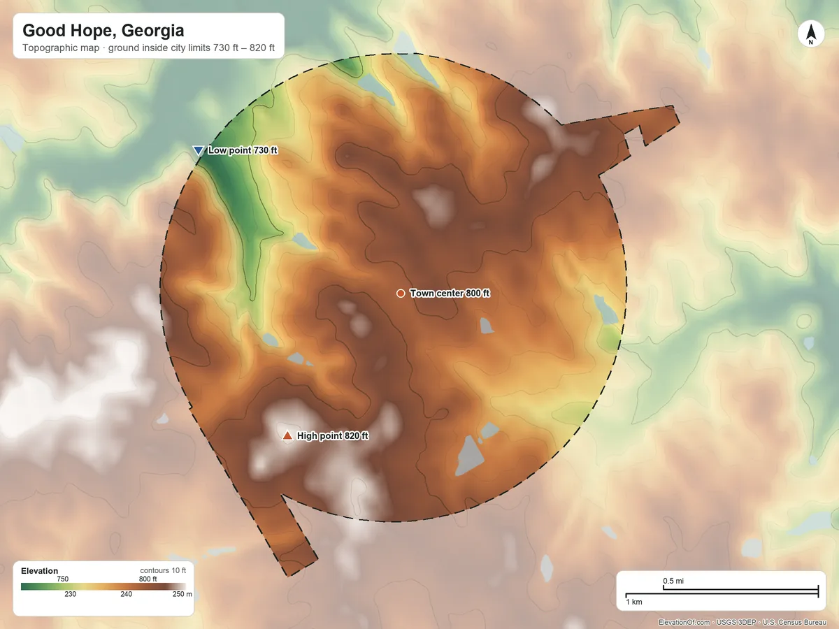 Topographic elevation map of Good Hope, Georgia, shaded from 730 ft on the northwest side to 820 ft on the southwest side