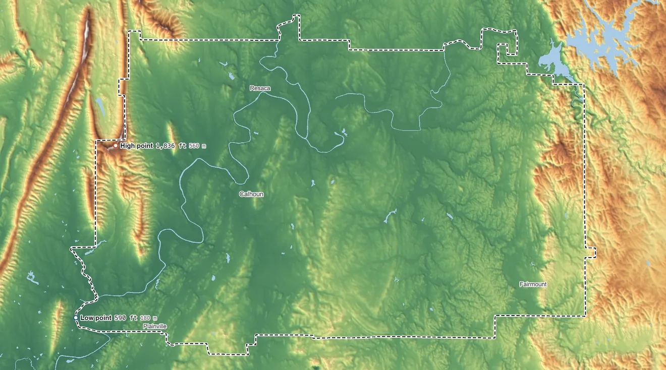 Topographic elevation map of Gordon County, Georgia, shaded from 590 ft on the southwest side to 1,836 ft on Horn Mountain