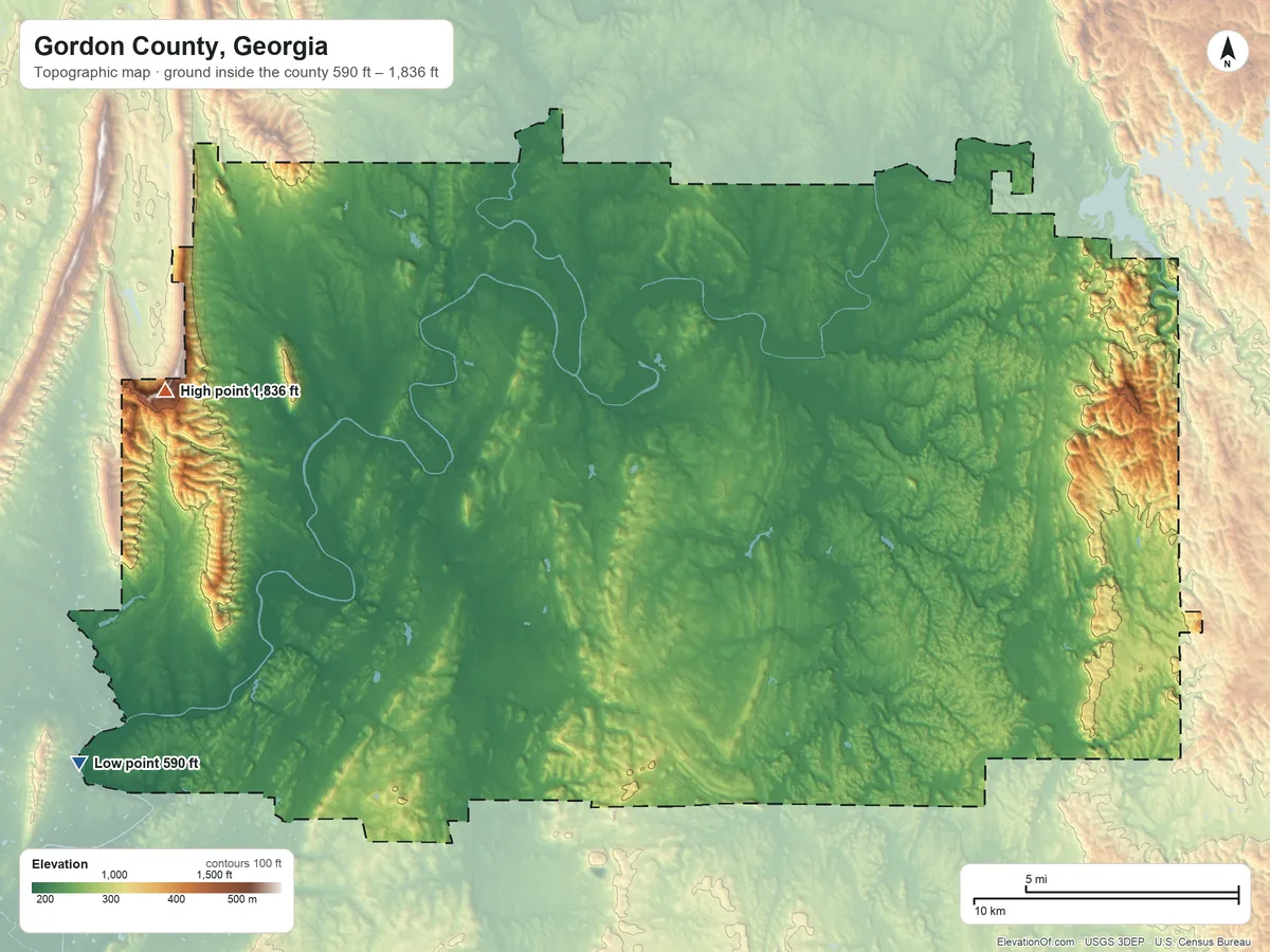 Topographic elevation map of Gordon County, Georgia, shaded from 590 ft on the southwest side to 1,836 ft on Horn Mountain