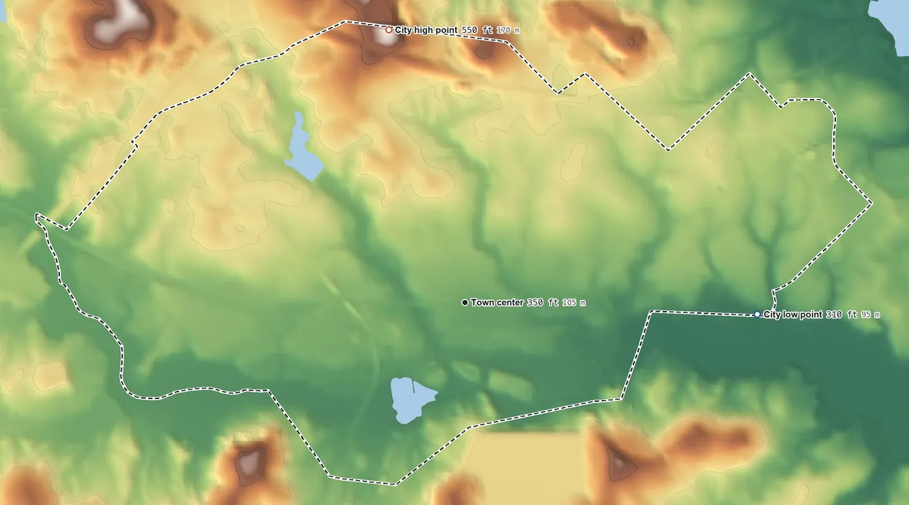 Topographic elevation map of Gordon, Georgia, shaded from 310 ft on the east side to 550 ft on the north side