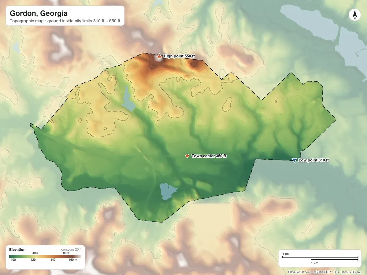 Topographic elevation map of Gordon, Georgia, shaded from 310 ft on the east side to 550 ft on the north side