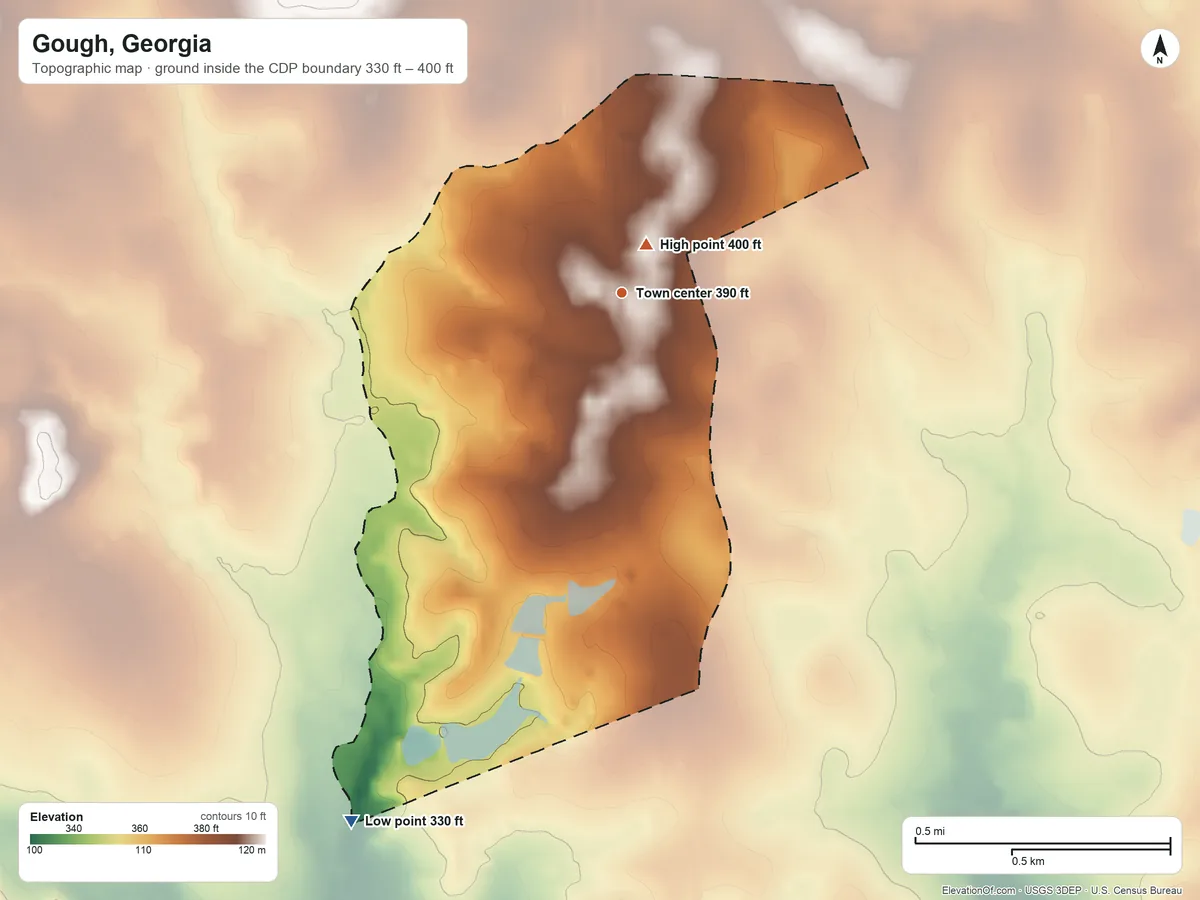 Topographic elevation map of Gough, Georgia, shaded from 330 ft on the southwest side to 400 ft near the middle