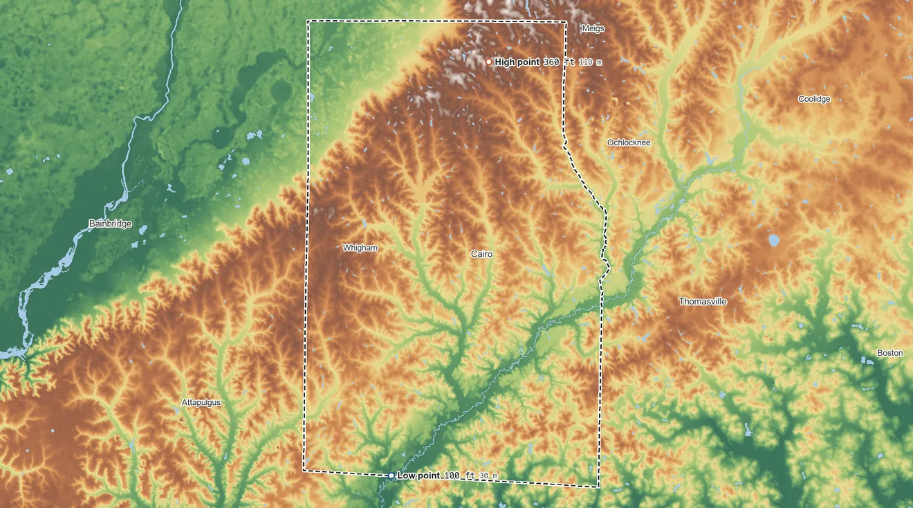 Topographic elevation map of Grady County, Georgia, shaded from 100 ft on the south side to 360 ft on the north side