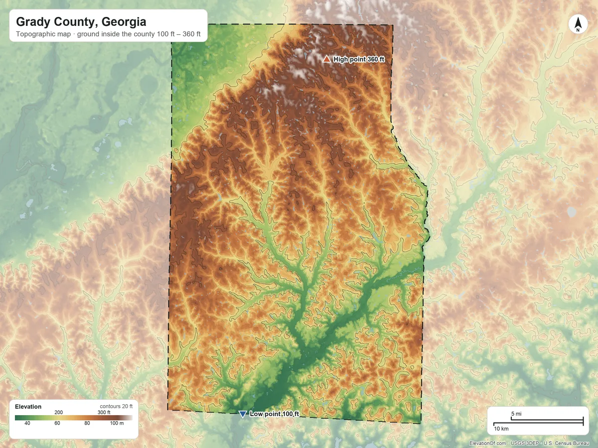 Topographic elevation map of Grady County, Georgia, shaded from 100 ft on the south side to 360 ft on the north side