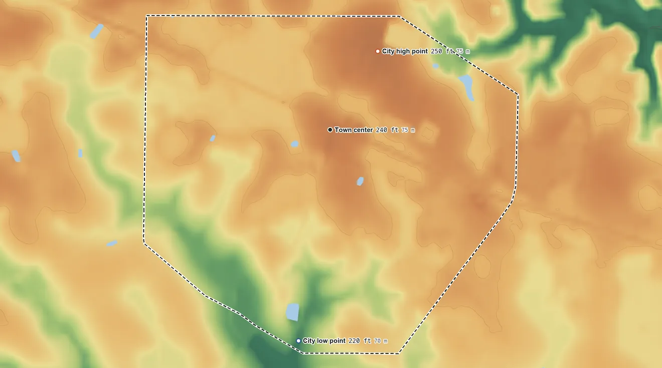 Topographic elevation map of Graham, Georgia, shaded from 220 ft on the south side to 250 ft on the northeast side