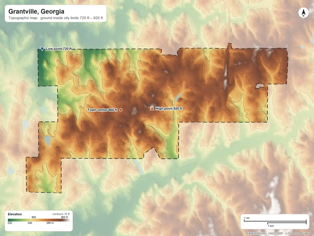 Topographic elevation map of Grantville, Georgia, shaded from 720 ft on the northwest side to 920 ft on the east side