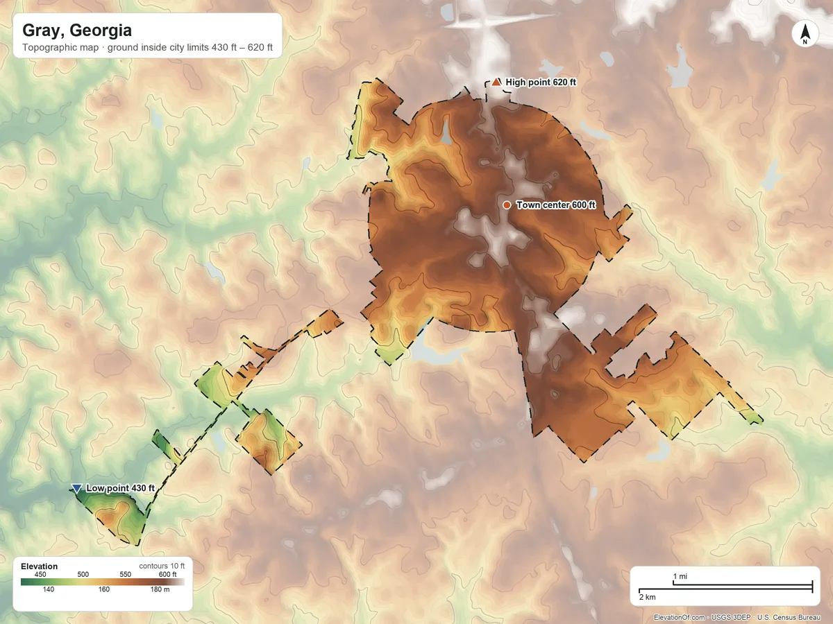 Topographic elevation map of Gray, Georgia, shaded from 430 ft on the southwest side to 620 ft on the north side
