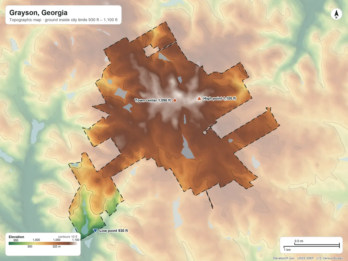 Topographic elevation map of Grayson, Georgia, shaded from 930 ft on the southwest side to 1,100 ft near the middle