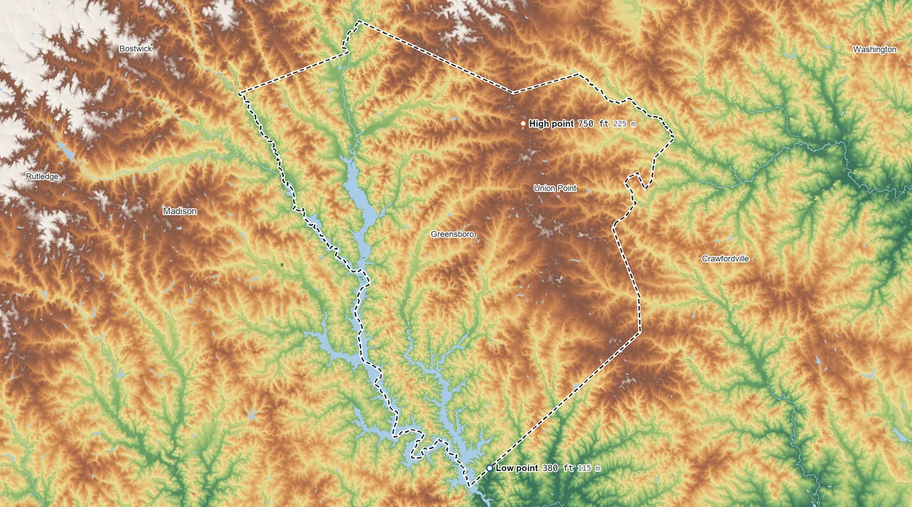 Topographic elevation map of Greene County, Georgia, shaded from 380 ft on the south side to 750 ft on the northeast side