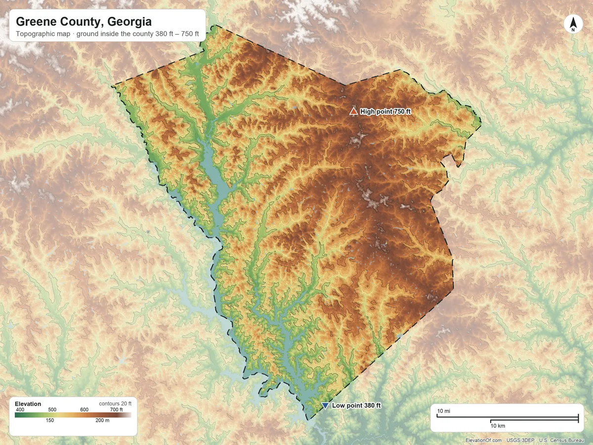 Topographic elevation map of Greene County, Georgia, shaded from 380 ft on the south side to 750 ft on the northeast side