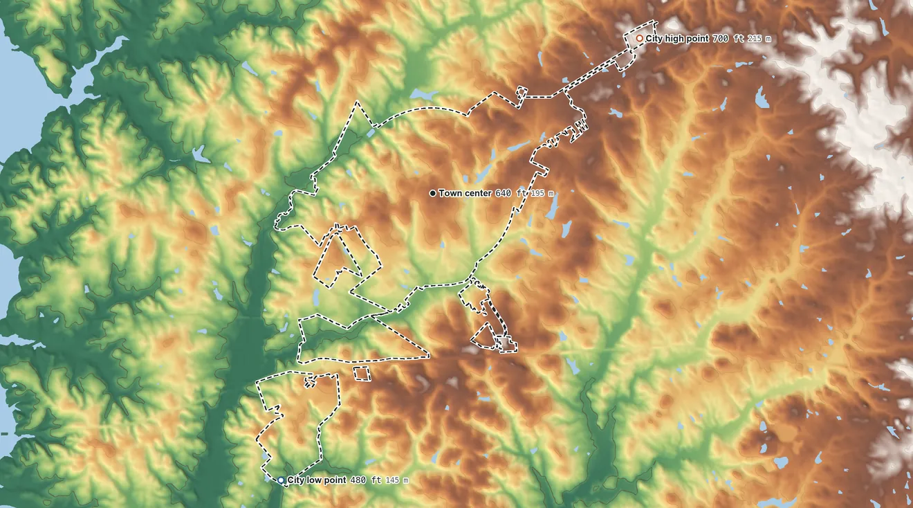 Topographic elevation map of Greensboro, Georgia, shaded from 480 ft on the southwest side to 700 ft on the northeast side