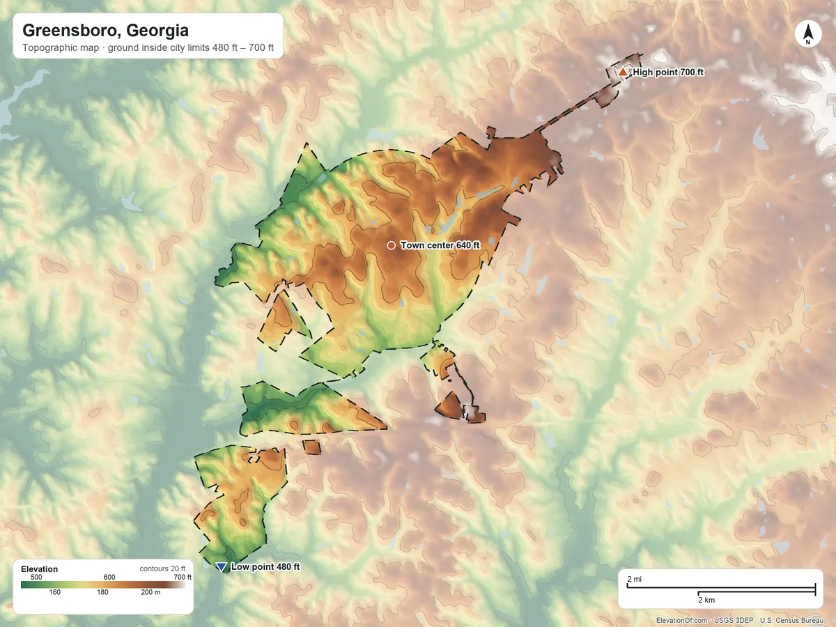 Topographic elevation map of Greensboro, Georgia, shaded from 480 ft on the southwest side to 700 ft on the northeast side