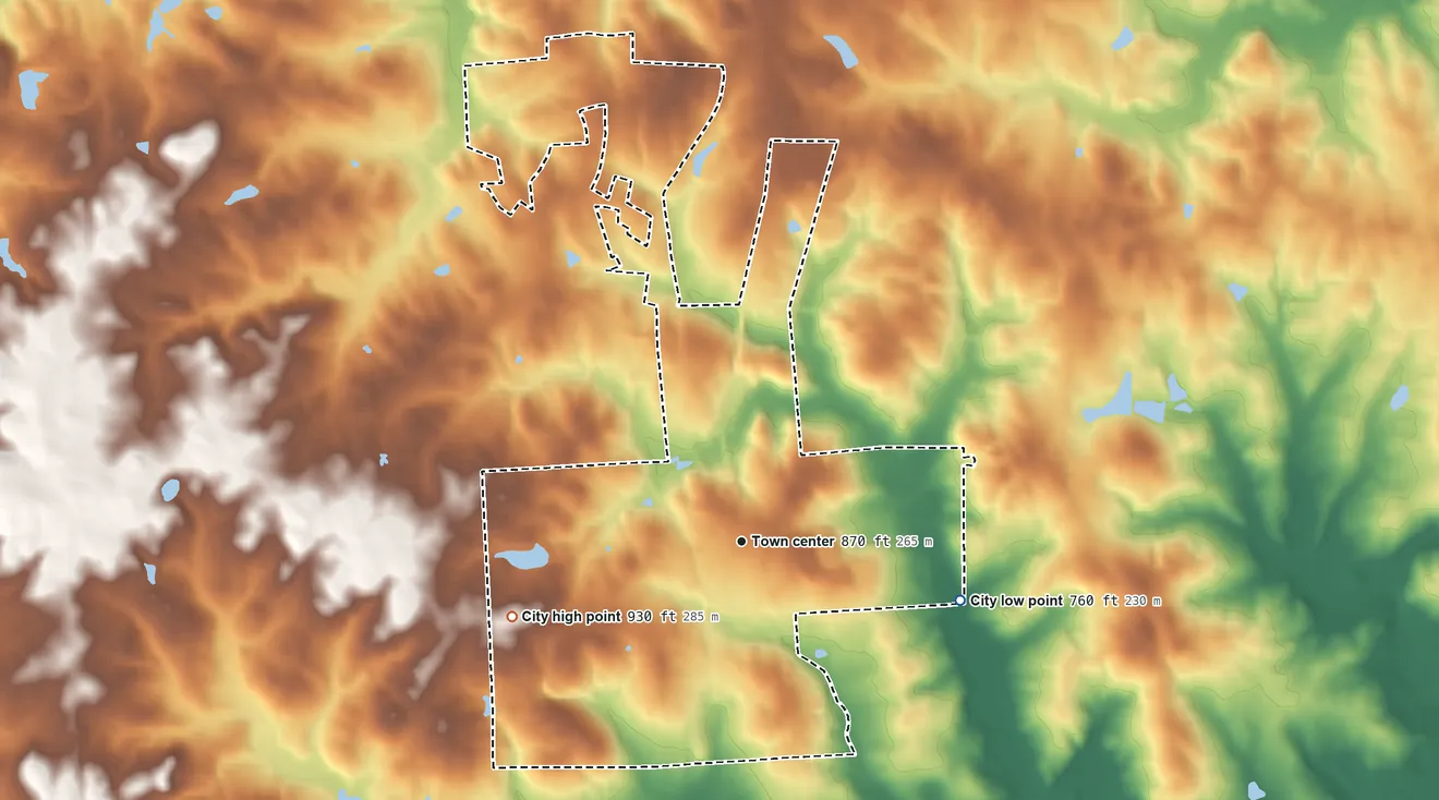 Topographic elevation map of Greenville, Georgia, shaded from 760 ft on the east side to 930 ft on the west side