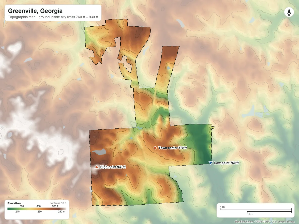 Topographic elevation map of Greenville, Georgia, shaded from 760 ft on the east side to 930 ft on the west side
