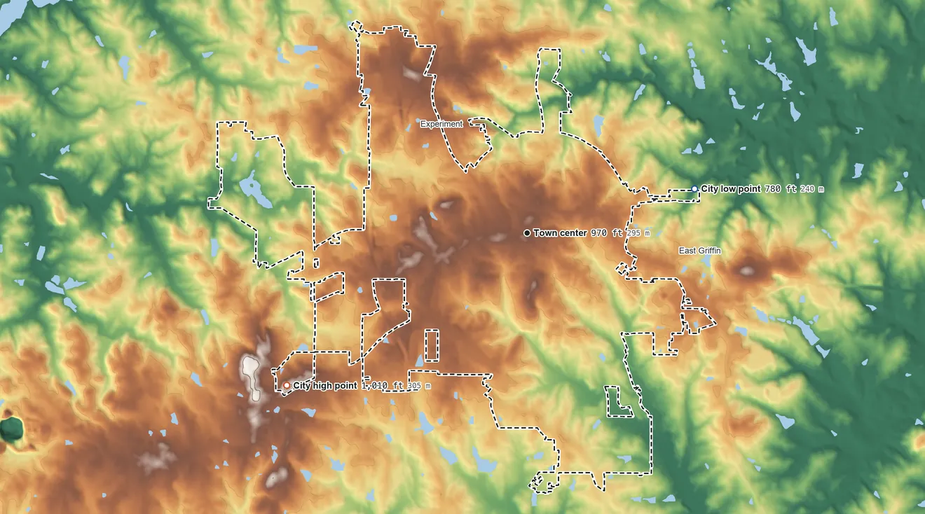 Topographic elevation map of Griffin, Georgia, shaded from 780 ft on the east side to 1,010 ft on the southwest side