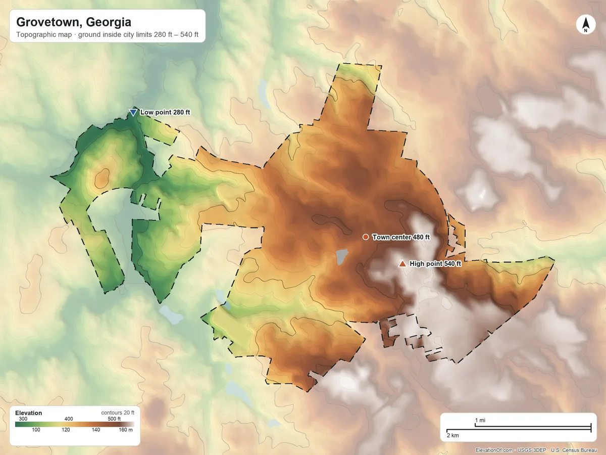 Topographic elevation map of Grovetown, Georgia, shaded from 280 ft on the northwest side to 540 ft near the middle