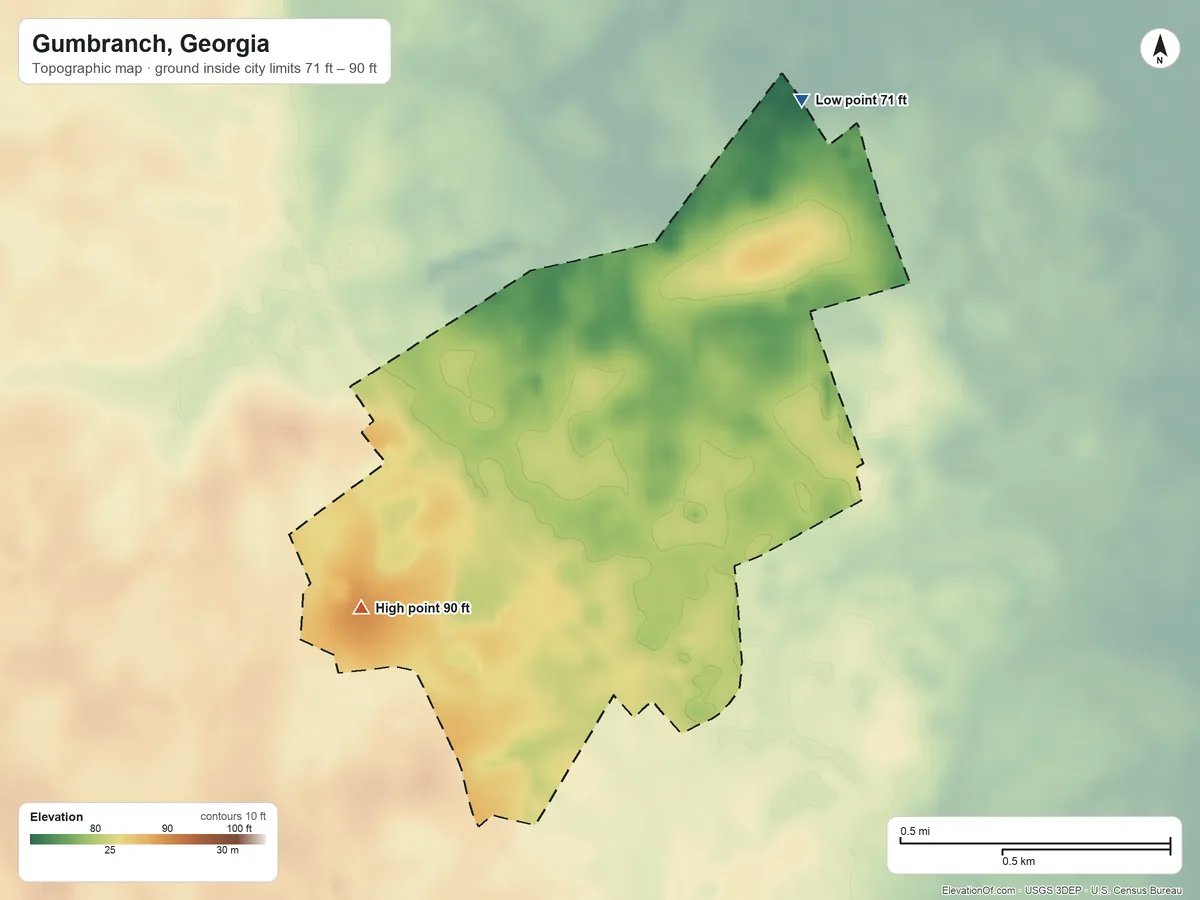 Topographic elevation map of Gumbranch, Georgia, shaded from 71 ft on the northeast side to 90 ft on the southwest side