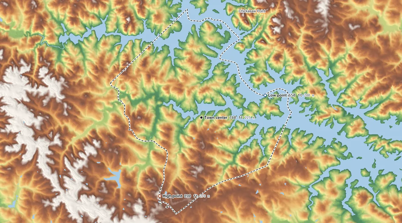 Topographic elevation map of Gumlog, Georgia, shaded from 650 ft on the east side to 890 ft on the southwest side