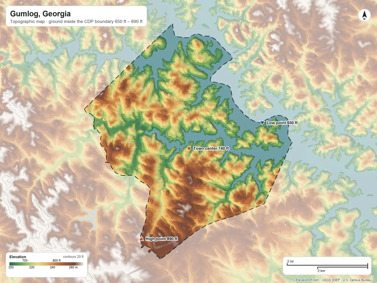 Topographic elevation map of Gumlog, Georgia, shaded from 650 ft on the east side to 890 ft on the southwest side