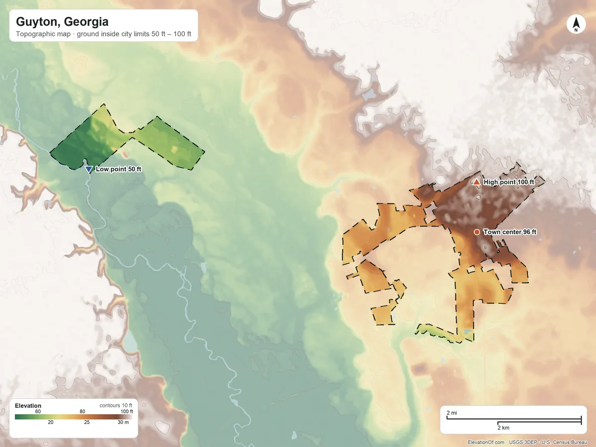 Topographic elevation map of Guyton, Georgia, shaded from 50 ft on the west side to 100 ft near the middle
