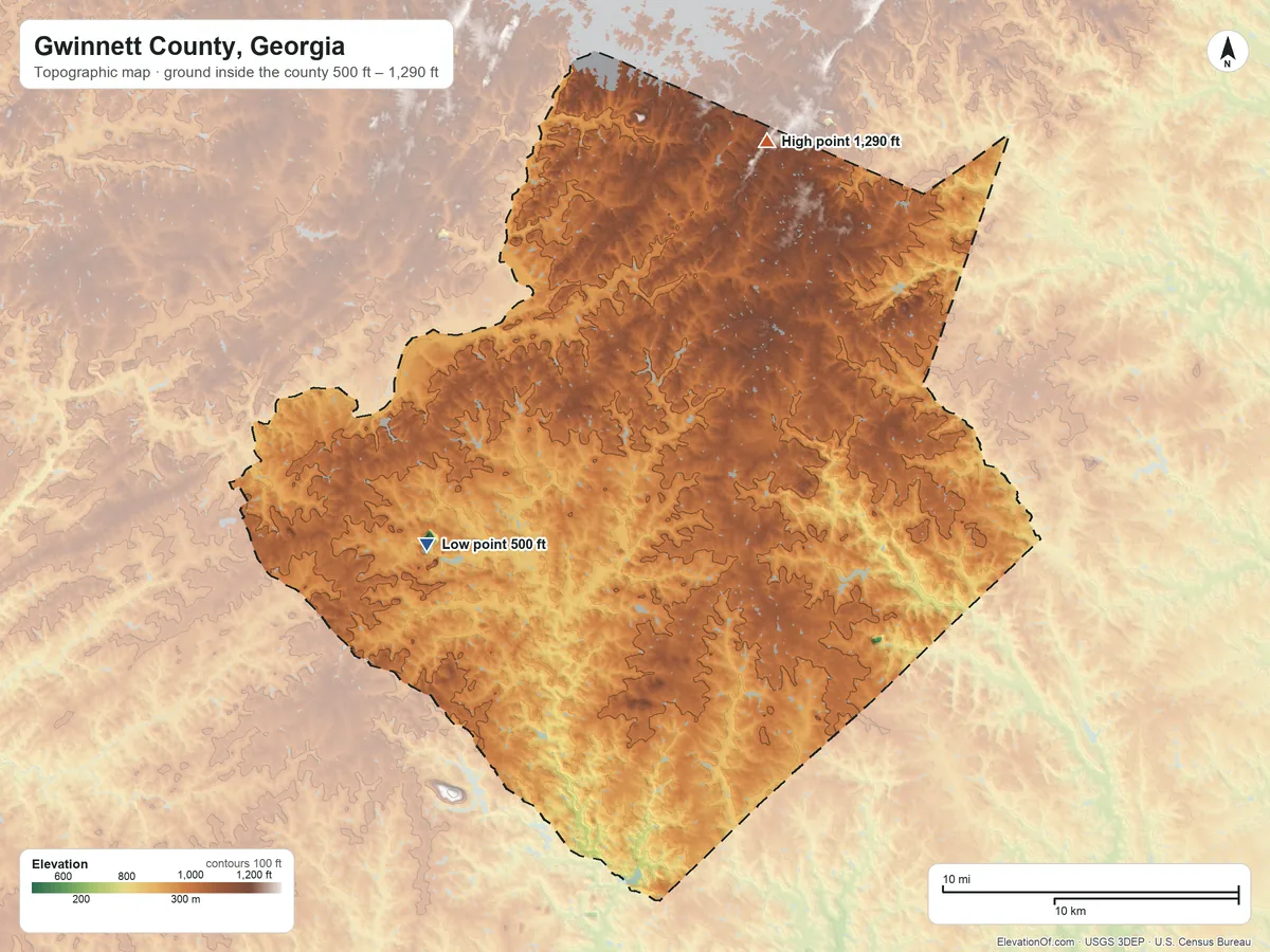 Topographic elevation map of Gwinnett County, Georgia, shaded from 500 ft on the west side to 1,290 ft on the north side