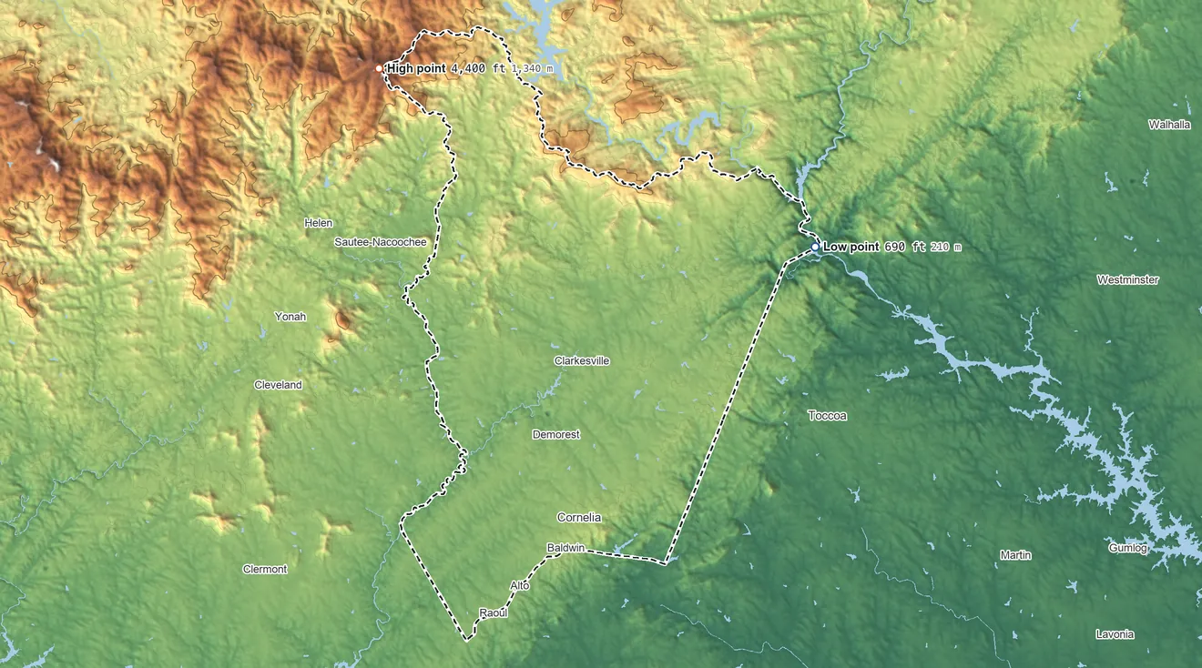 Topographic elevation map of Habersham County, Georgia, shaded from 690 ft on the east side to 4,400 ft on Tray Mountain