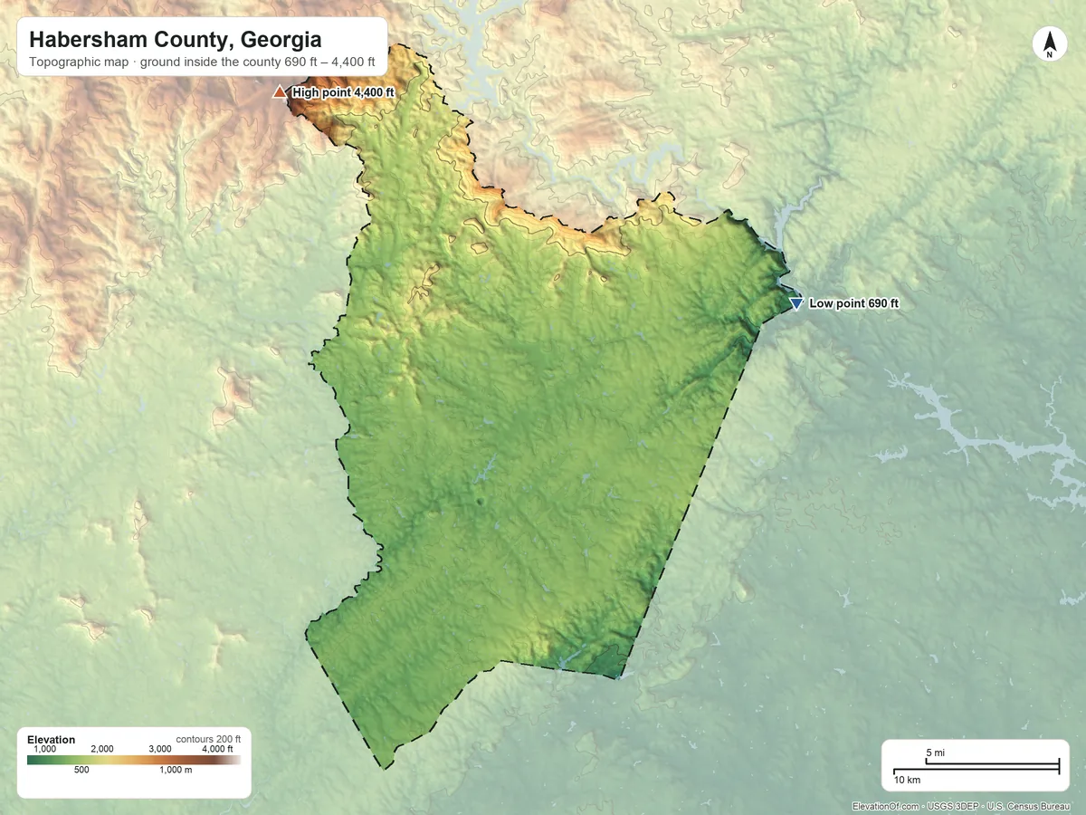 Topographic elevation map of Habersham County, Georgia, shaded from 690 ft on the east side to 4,400 ft on Tray Mountain