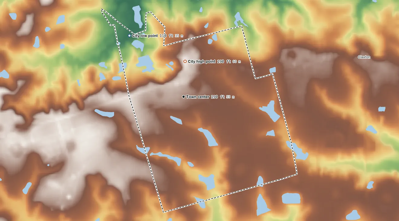 Topographic elevation map of Hagan, Georgia, shaded from 110 ft on the northwest side to 190 ft on the north side