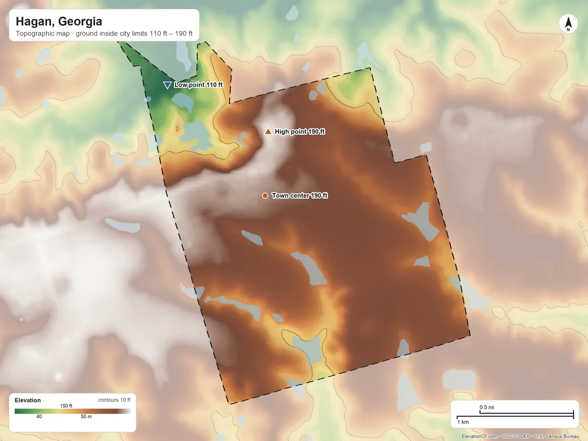 Topographic elevation map of Hagan, Georgia, shaded from 110 ft on the northwest side to 190 ft on the north side