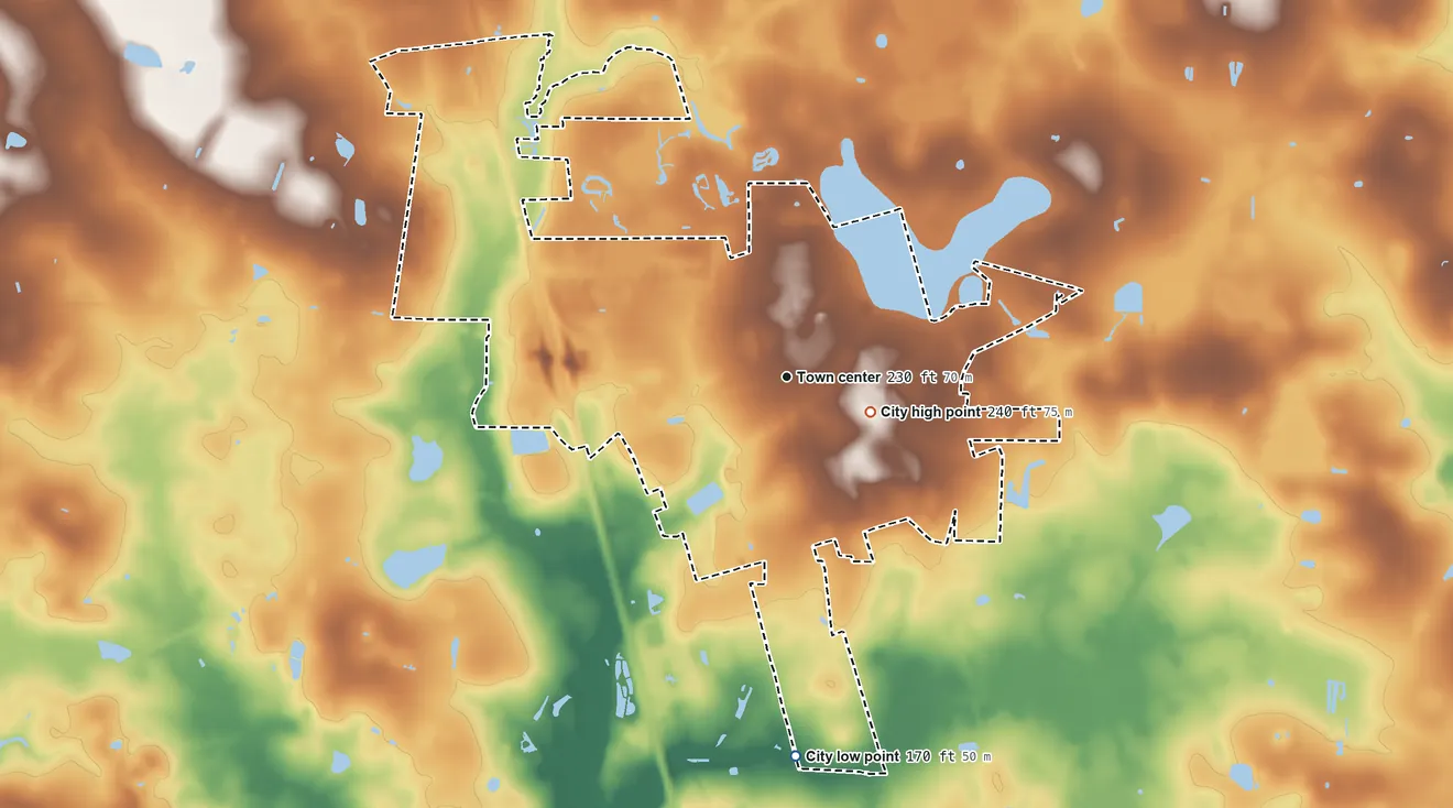 Topographic elevation map of Hahira, Georgia, shaded from 170 ft on the south side to 240 ft near the middle