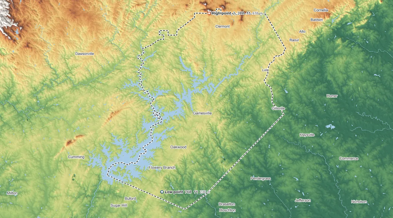 Topographic elevation map of Hall County, Georgia, shaded from 760 ft on the southwest side to 2,200 ft on the north side