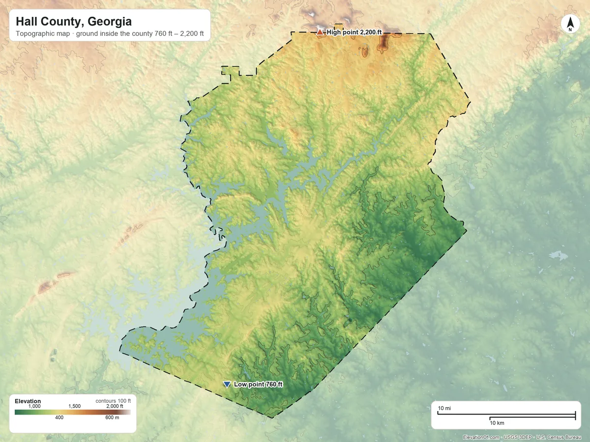 Topographic elevation map of Hall County, Georgia, shaded from 760 ft on the southwest side to 2,200 ft on the north side