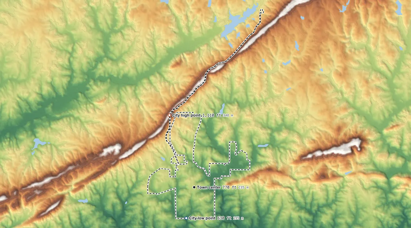 Topographic elevation map of Hamilton, Georgia, shaded from 630 ft on the south side to 1,110 ft on the north side