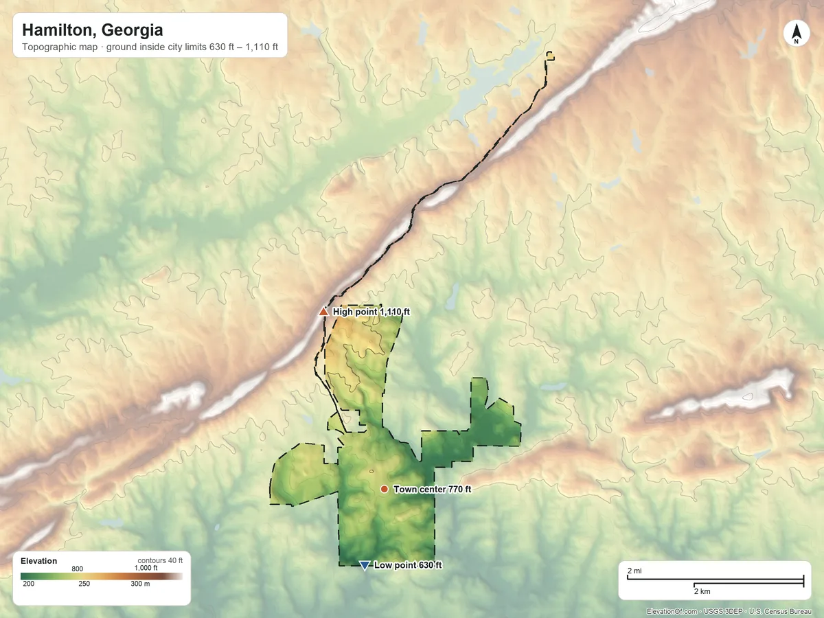 Topographic elevation map of Hamilton, Georgia, shaded from 630 ft on the south side to 1,110 ft on the north side