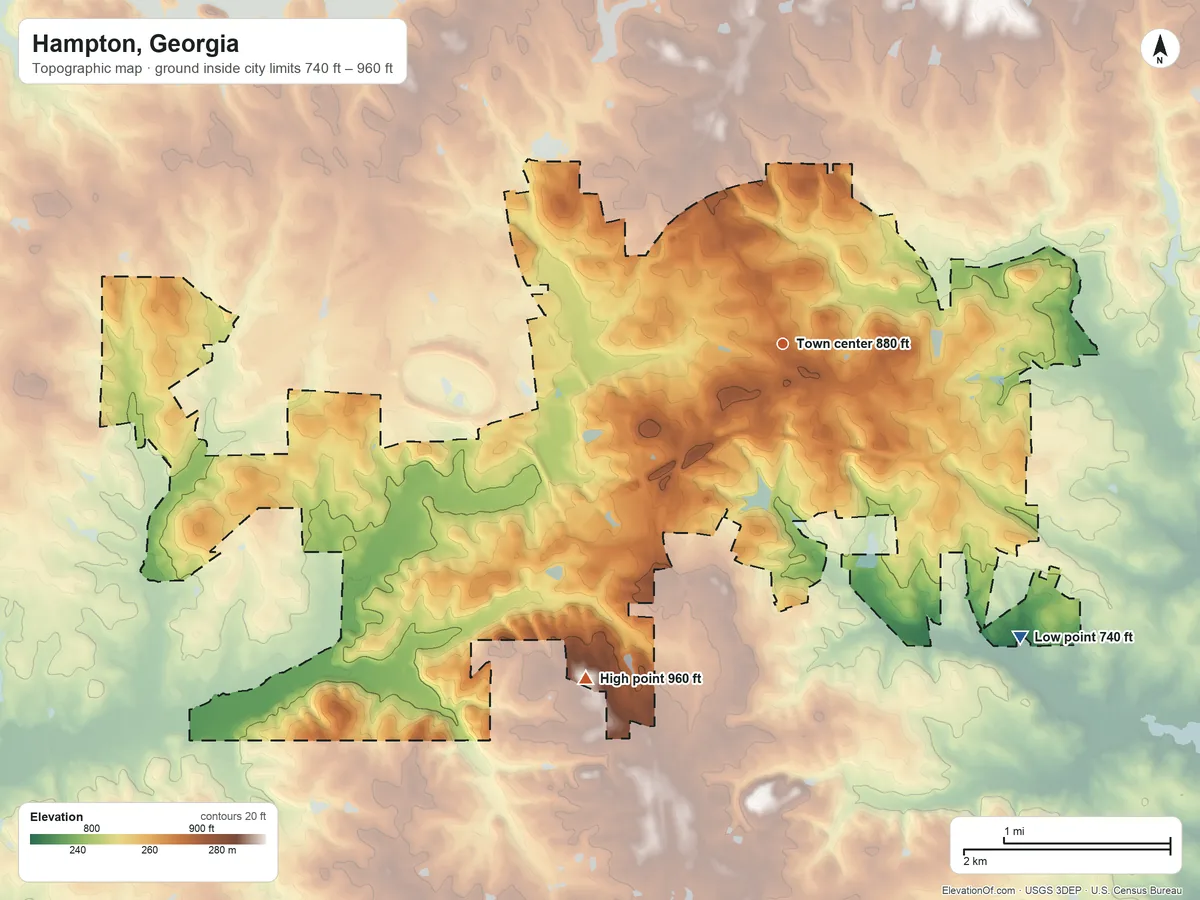 Topographic elevation map of Hampton, Georgia, shaded from 740 ft on the southeast side to 960 ft on the southwest side