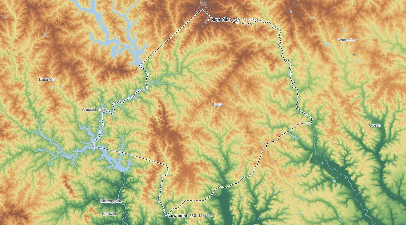 Topographic elevation map of Hancock County, Georgia, shaded from 280 ft on the south side to 740 ft on the north side