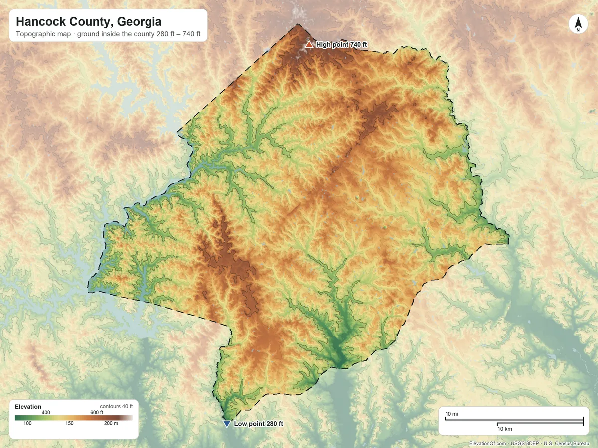 Topographic elevation map of Hancock County, Georgia, shaded from 280 ft on the south side to 740 ft on the north side
