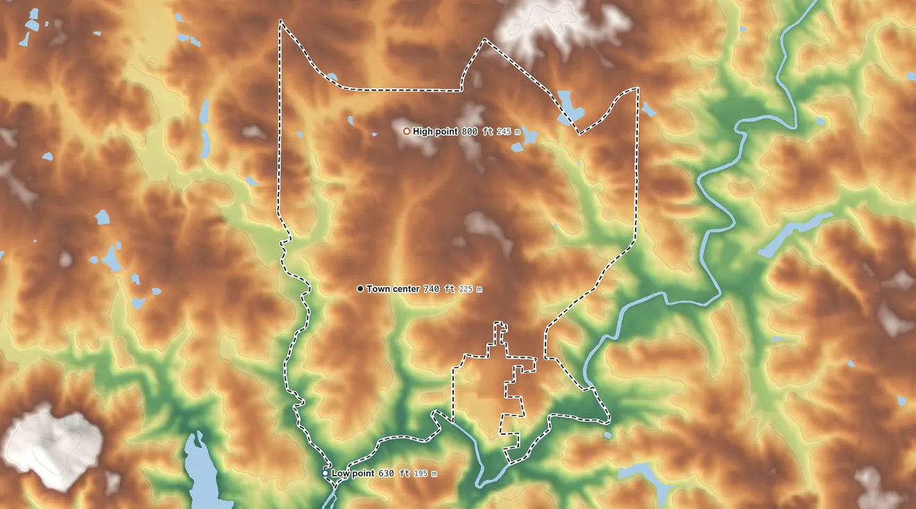 Topographic elevation map of Hannahs Mill, Georgia, shaded from 630 ft on the south side to 800 ft on the north side