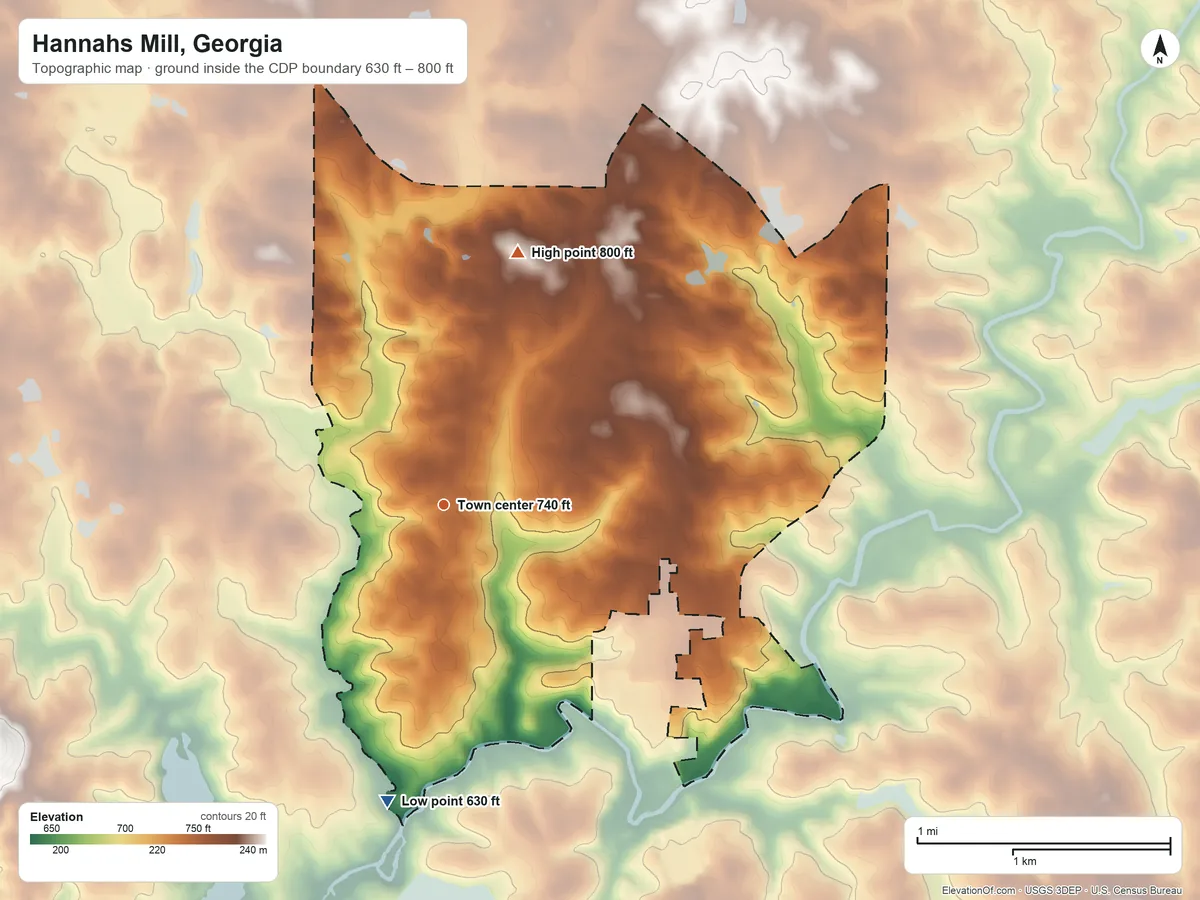 Topographic elevation map of Hannahs Mill, Georgia, shaded from 630 ft on the south side to 800 ft on the north side