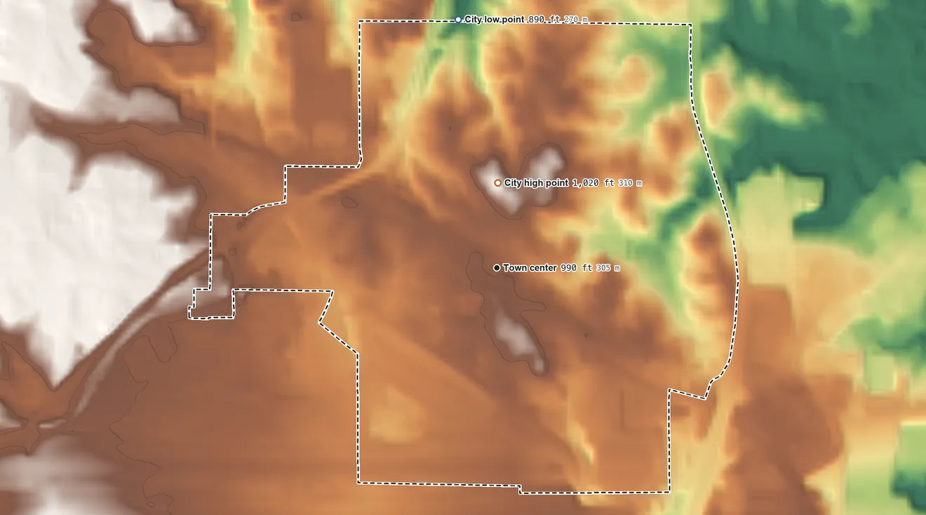 Topographic elevation map of Hapeville, Georgia, shaded from 890 ft on the north side to 1,020 ft on the north side