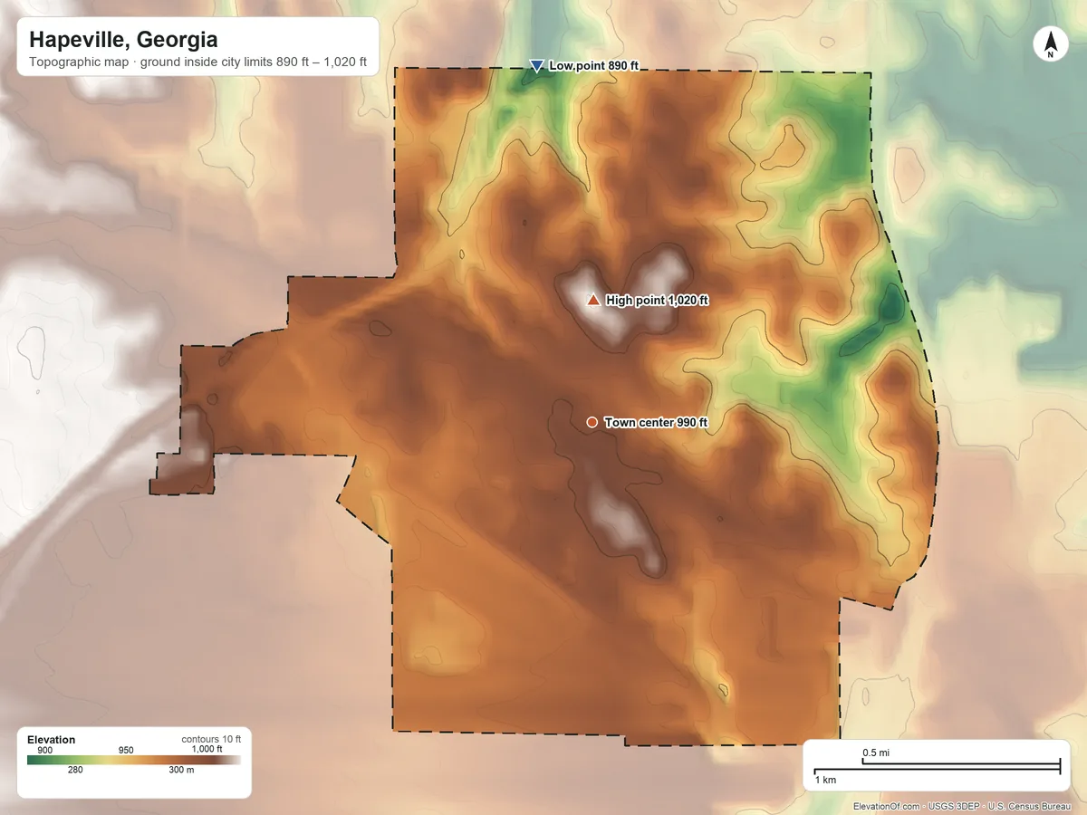 Topographic elevation map of Hapeville, Georgia, shaded from 890 ft on the north side to 1,020 ft on the north side